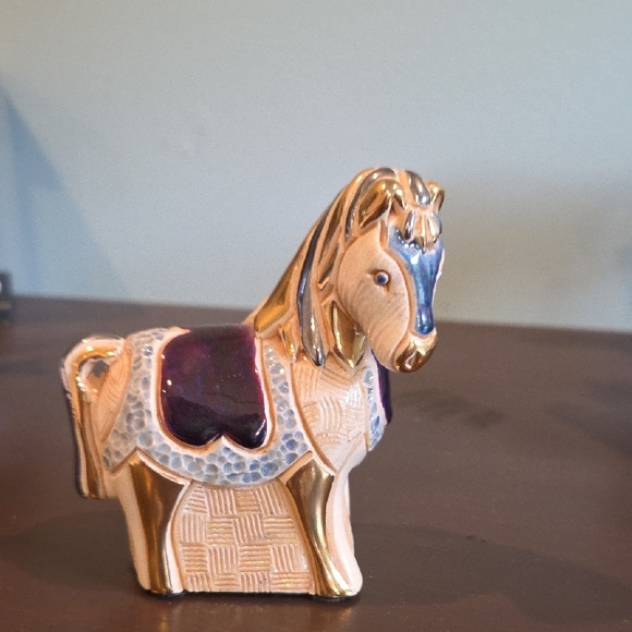 Artesania Rinconada Ceramic Horse Figure Has Blue, Gold And Purple Enamal Glaze - Picture 1 of 8